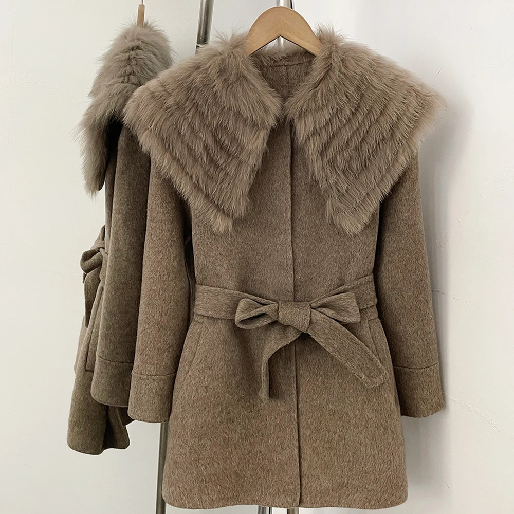 Elegant Fur Coat Belted Wool Coat Women Long Thick Double Face Outerwear Premium Fur Winter Fashion Warm Layer for Office Wear