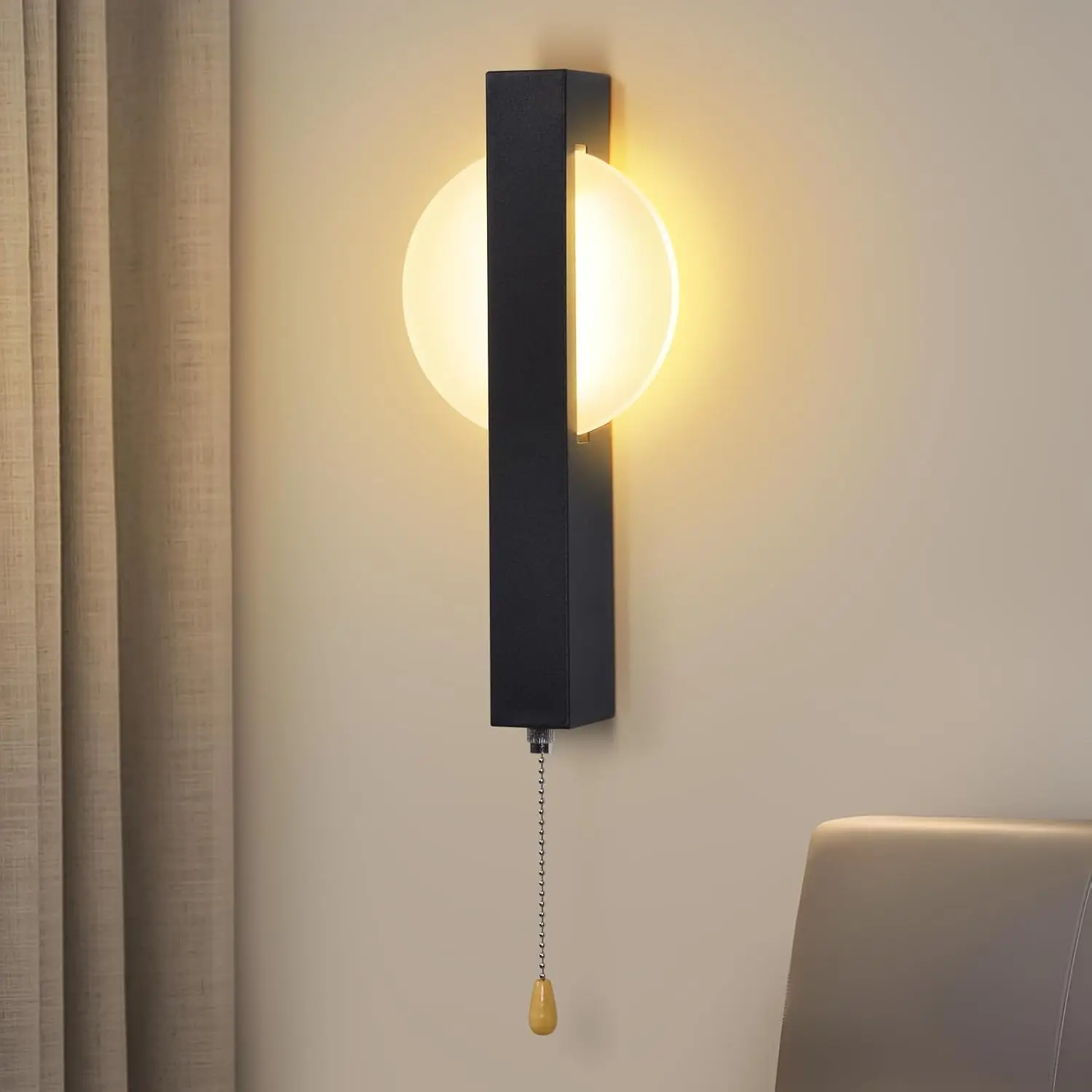 Wandlamp, led-wandlamp met schakelaar, voor binnen, zwart, modern design, wandlampen met trekschakelaar, rond, 3000 K, warmwit, wandverlichting, ijzer & acryl, 6 W, woonkamerlamp voor hal en bed