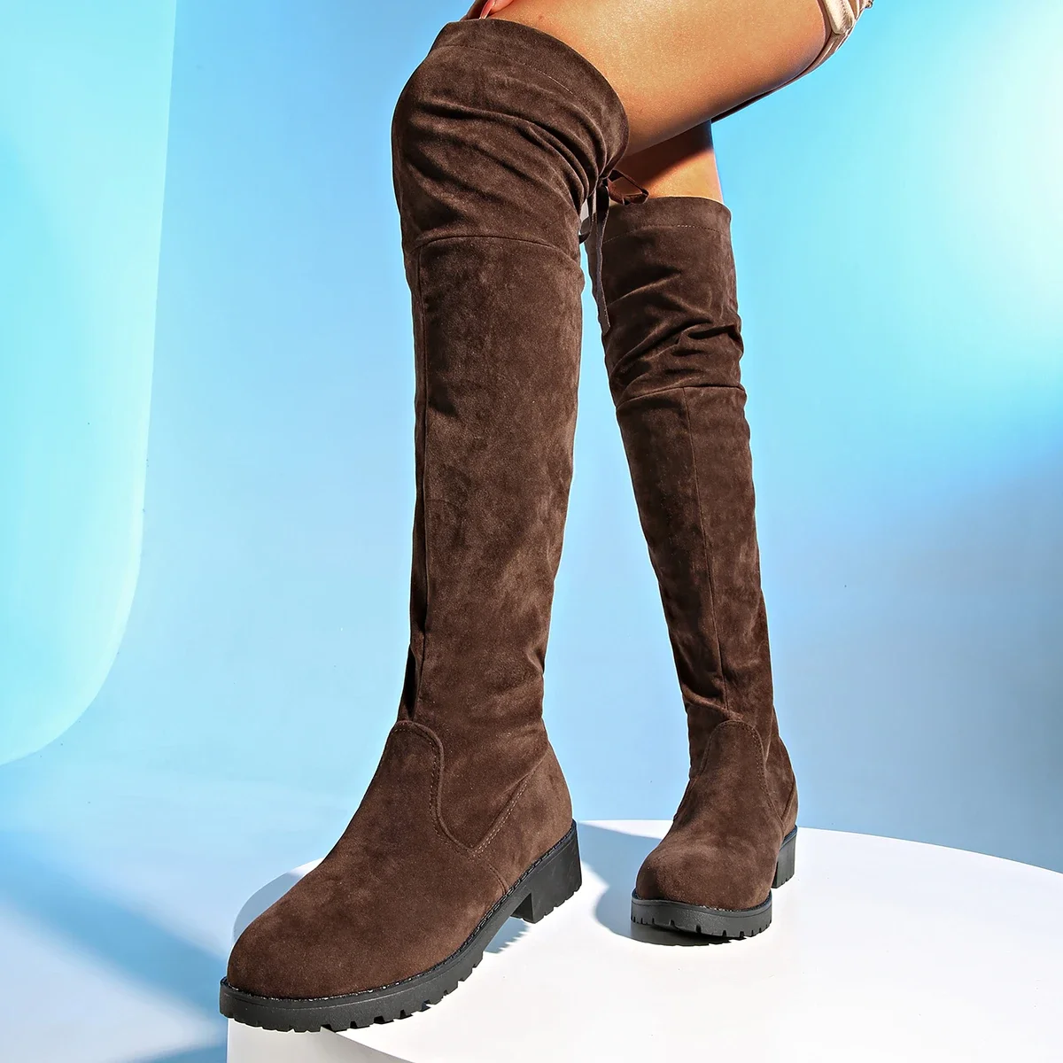 2024 New Women Boots Winter brown Over The Knee Boots Comfort Lace Up Chunky High Heels Shoes Fashion Warm Suede Round Toe Boots