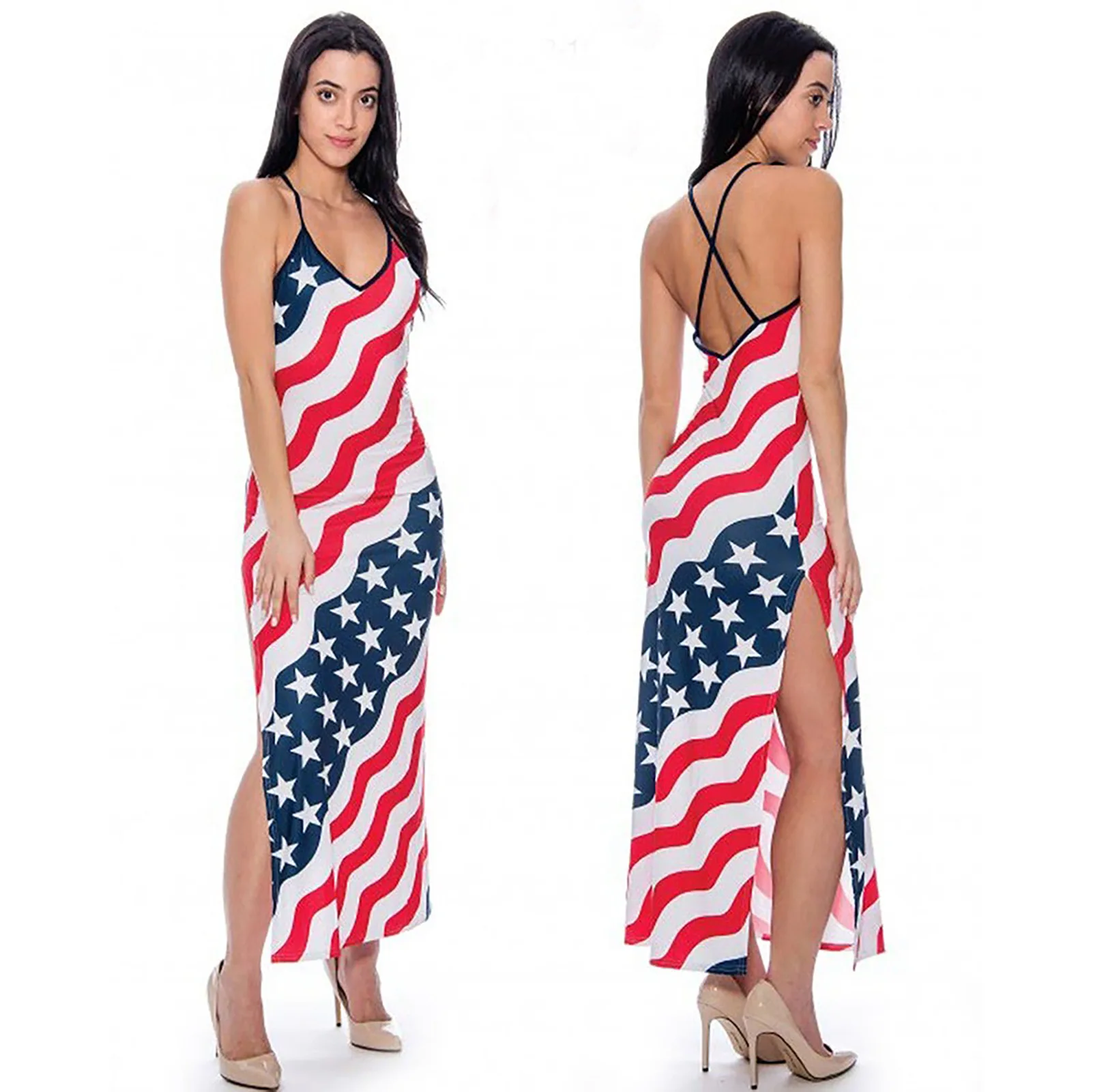 

Side Slit Casual Summer Women's Sling Dresses Vintage American Flag Robe Backless Dress Elegant Sundress Beach Harajuku Party