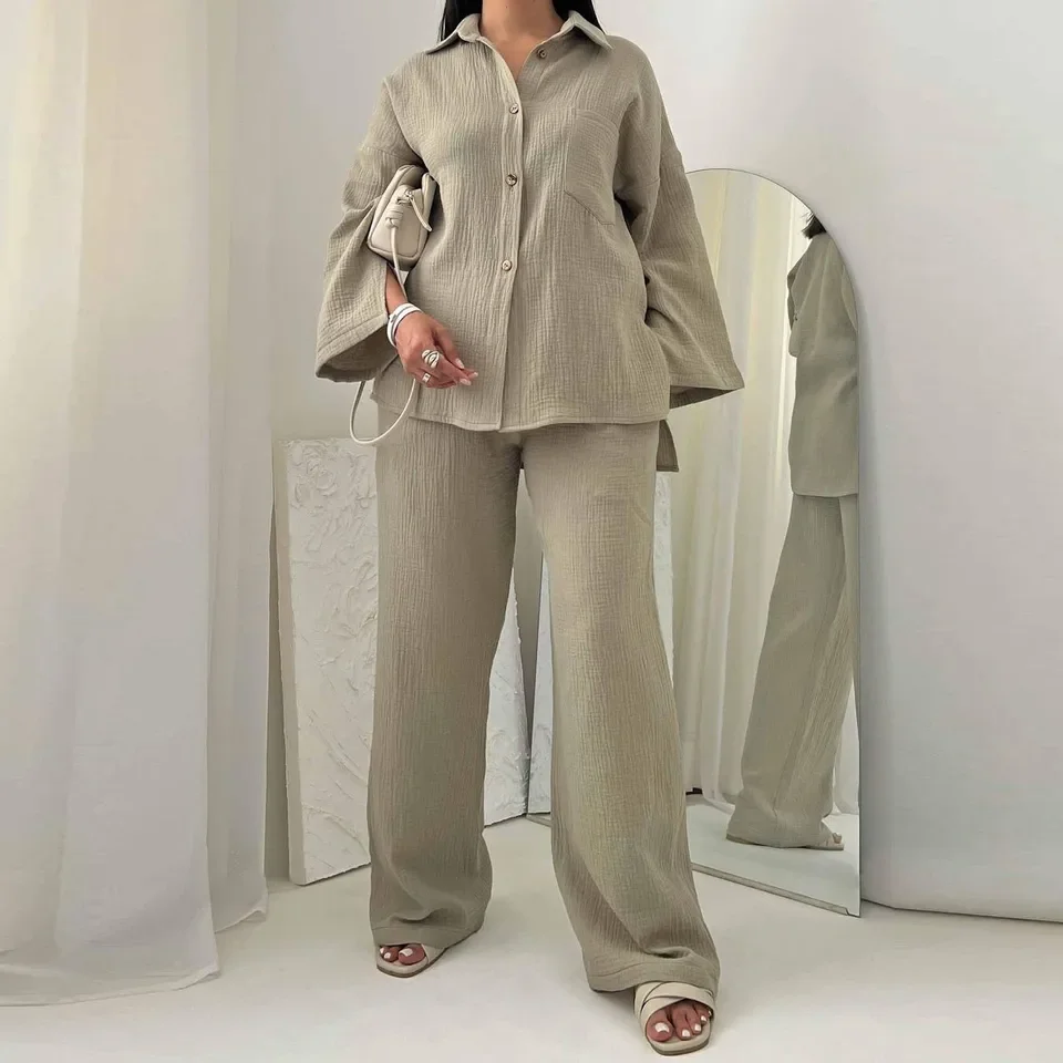 

Fashion Wrinkled Fabric Long Sleeved Single Breasted Shirt High Waist Wide Leg Pants 2 Piece Set Spring New Solid Casual Suit