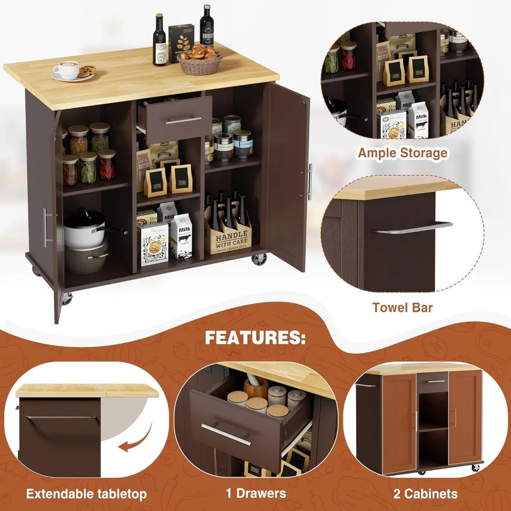 Rolling Kitchen Island with Drop Leaf, Storage Drawers, and Towel Rack for Flexible Use