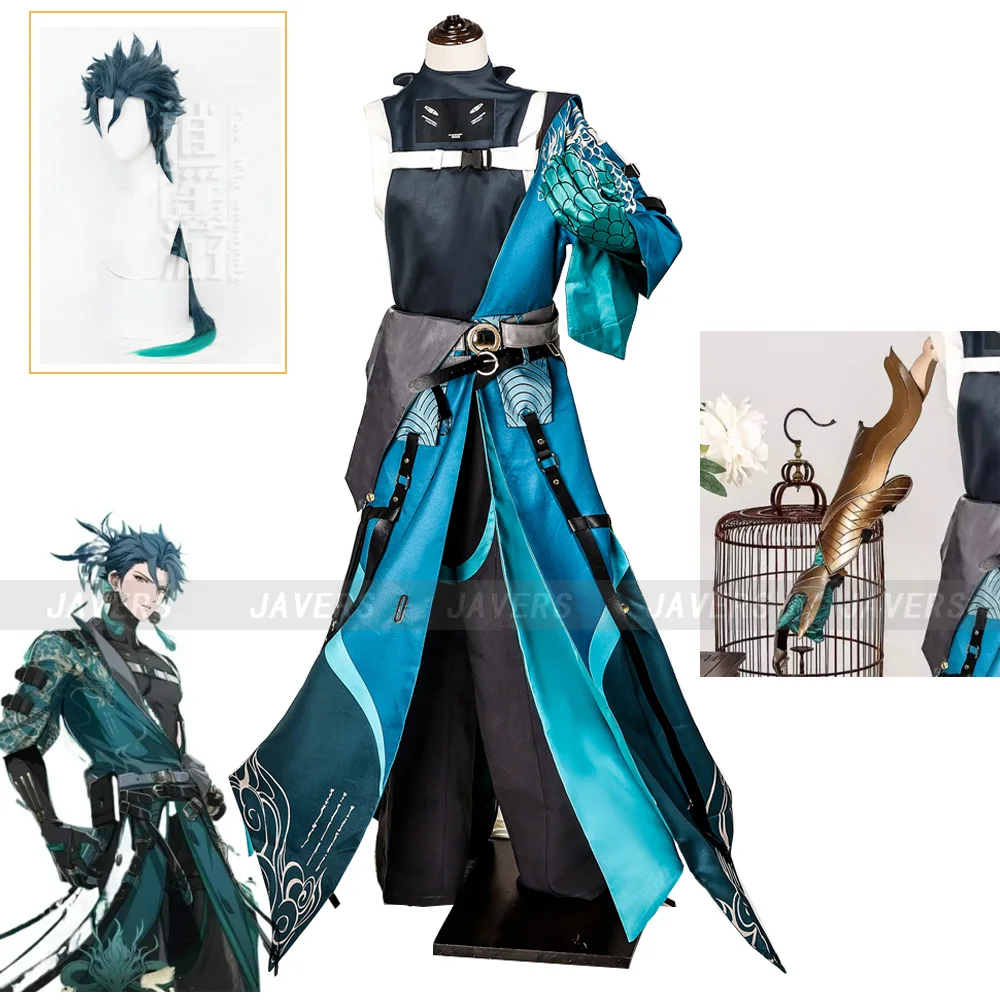 Jiyan Cosplay Game Wuthering Waves Costume Wig Green Blue Cloak Armguard Uniform Man Halloween Christmas Comic Con Cos Clothing