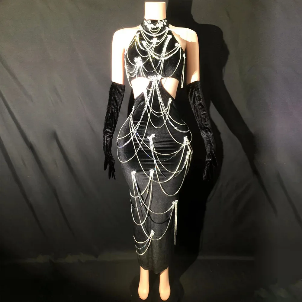 

Sexy Shiny Diamond Hanging Velvet Neck Open Back Dress Gloves Luxury Ball DJ Female Singer Bar Performance Clothing Plus Size