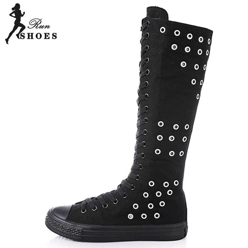 Women Shoes Casual High Top Hollow Out Riser Vent Shoes Cheerleaders Dance Long Lace-Up Zipper Canvas Round Toe Sneakers Boots