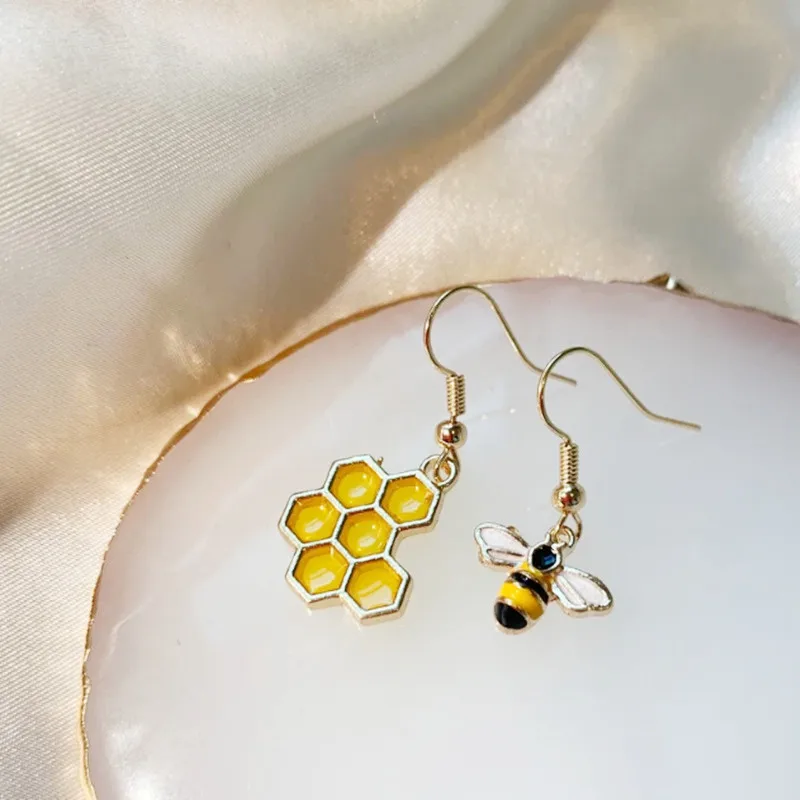 Cool Quirky Bee Earrings with Yellow Honey Comb / Mismatch Earrings on 14k Gold Plated Hooks Handmade Drop Dangle Earrings