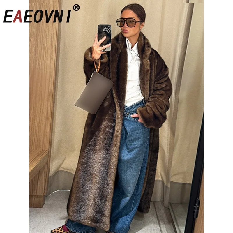 

EAEOVNI Vintage Fur Winter Long Coat For Women Streetwear Lapel Brown Warm Outerwear Jacket Fashion 2025 New Clothing