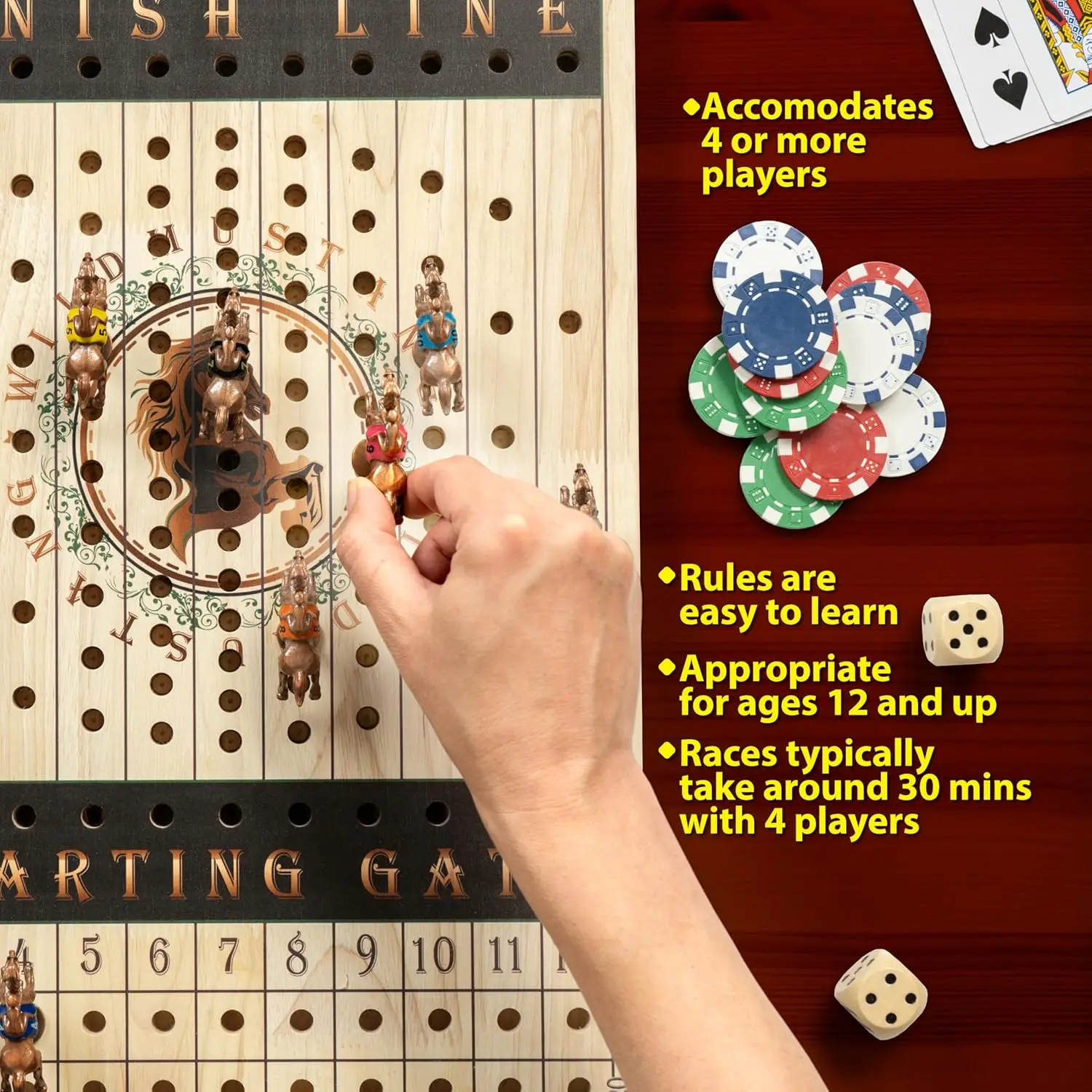 Nuovo gioco da tavolo da corsa di cavalli in metallo con 11 cavalli, dadi, carte, scacchiera in legno - Gioco per feste in famiglia per adulti