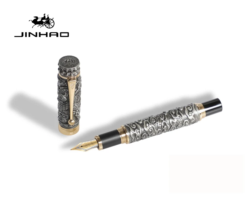 

Ручка перьевая Jinhao JF005, роскошная металлическая большая ручка с изображением дракона и облака, с перьевой ручкой серого и золотого цвета, с тиснением, подарок для письма