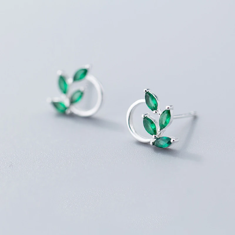 MloveAcc Spring Breath Fashion Leaves 925 Sterling Silver Green CZ Fine Stud Earrings Party Jewelry