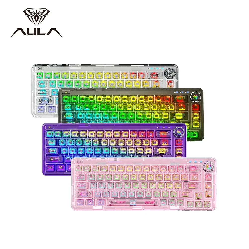 AULA Mechanical Keyboard F68 2.4GWireless/Bluetooth/Wired Transparent Keycaps For Colored Lights Work Gaming Mechanical Keyboard