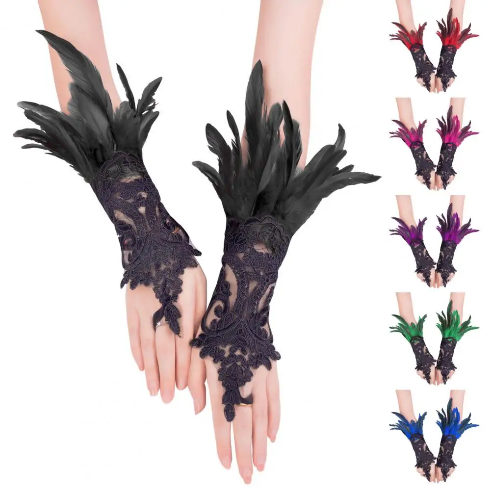 

Feather Mesh Gloves Feather Wrist Cuffs Lace Gloves Set for Halloween Party Stage Performance Accessories for Women with Swan