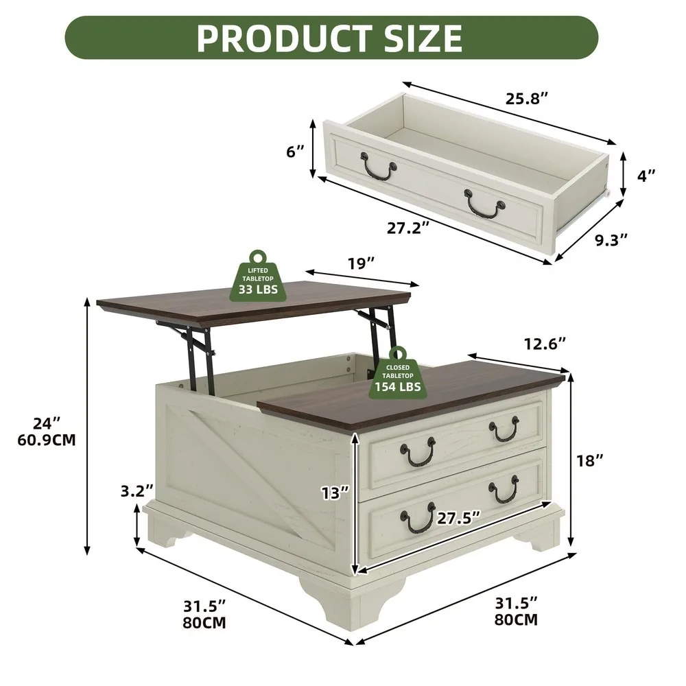 Grande table basse élévatrice carrée Farmhouse avec compartiment caché pour salon