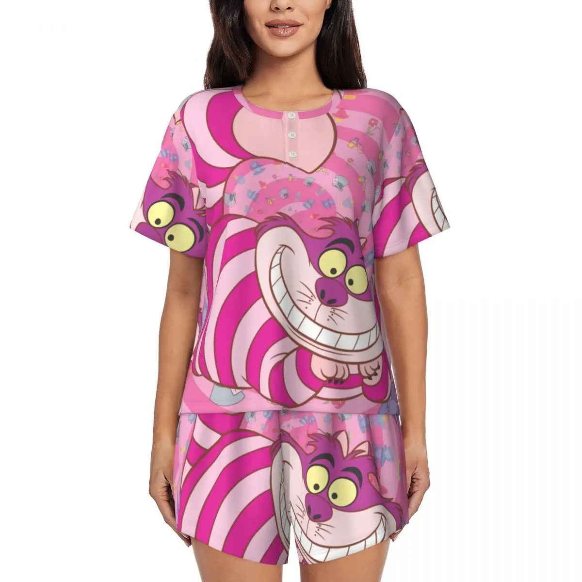 

Women Alice In Wonderland Cheshire Cat Pajamas Set Custom Printed Short Sleeve Sleepwear Loungewear Pjs 2 Piece Sets