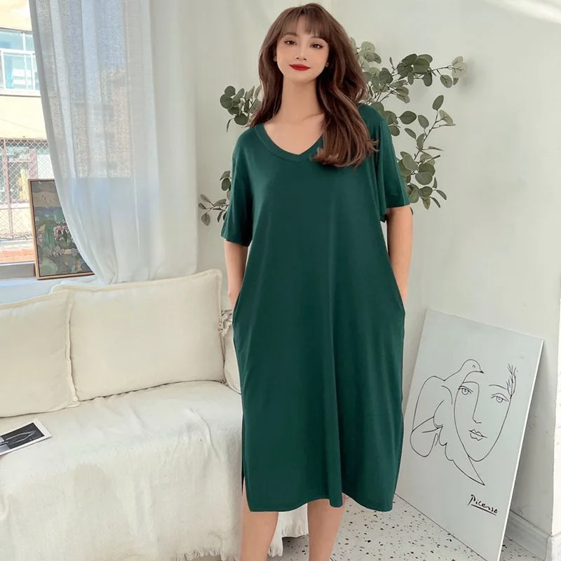 Fdfklak New Modal Basic Nightgown Nightie Long Women Home Dress Summer Pregnant Sleepwear Sexy Night Shirt Loose Nightwear