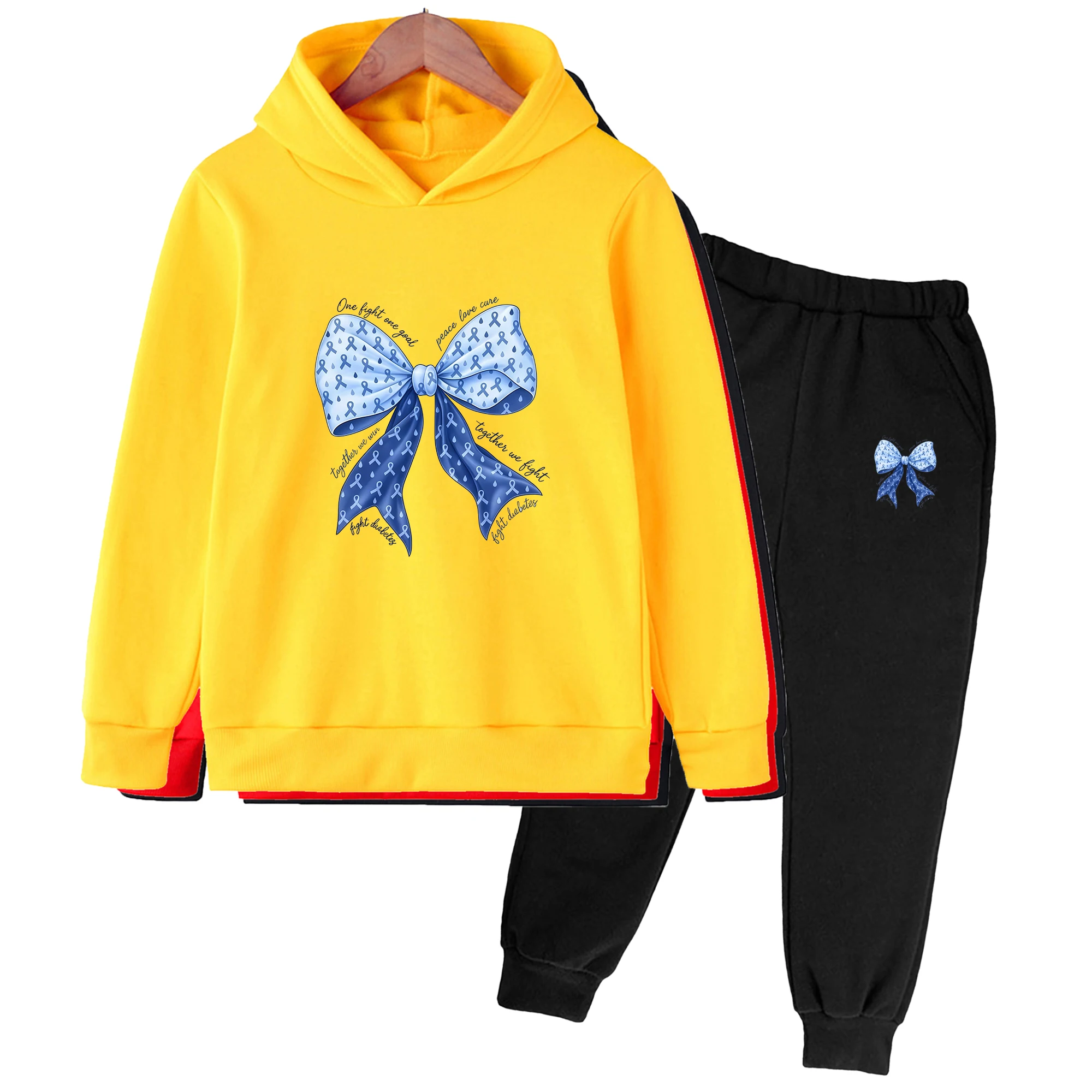 Kids Hoodies Sweatshirts Pants Set Fleece Preppy Diabetes Awareness Ribbon Bow Printed Daily Outfit Children Clothing Autumn