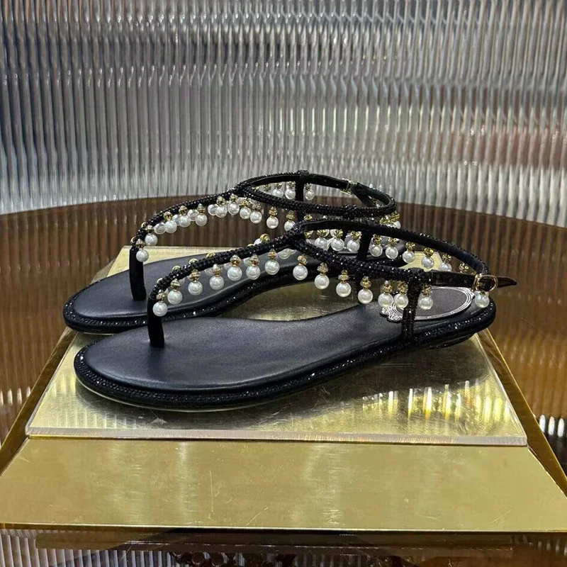 الصنادل سلسلة حبة حجر الراين ديكور الكاحل حزام Sandalias الصيف المرأة قرصة تو الجلد الحقيقي شقة القاع عطلة الأحذية