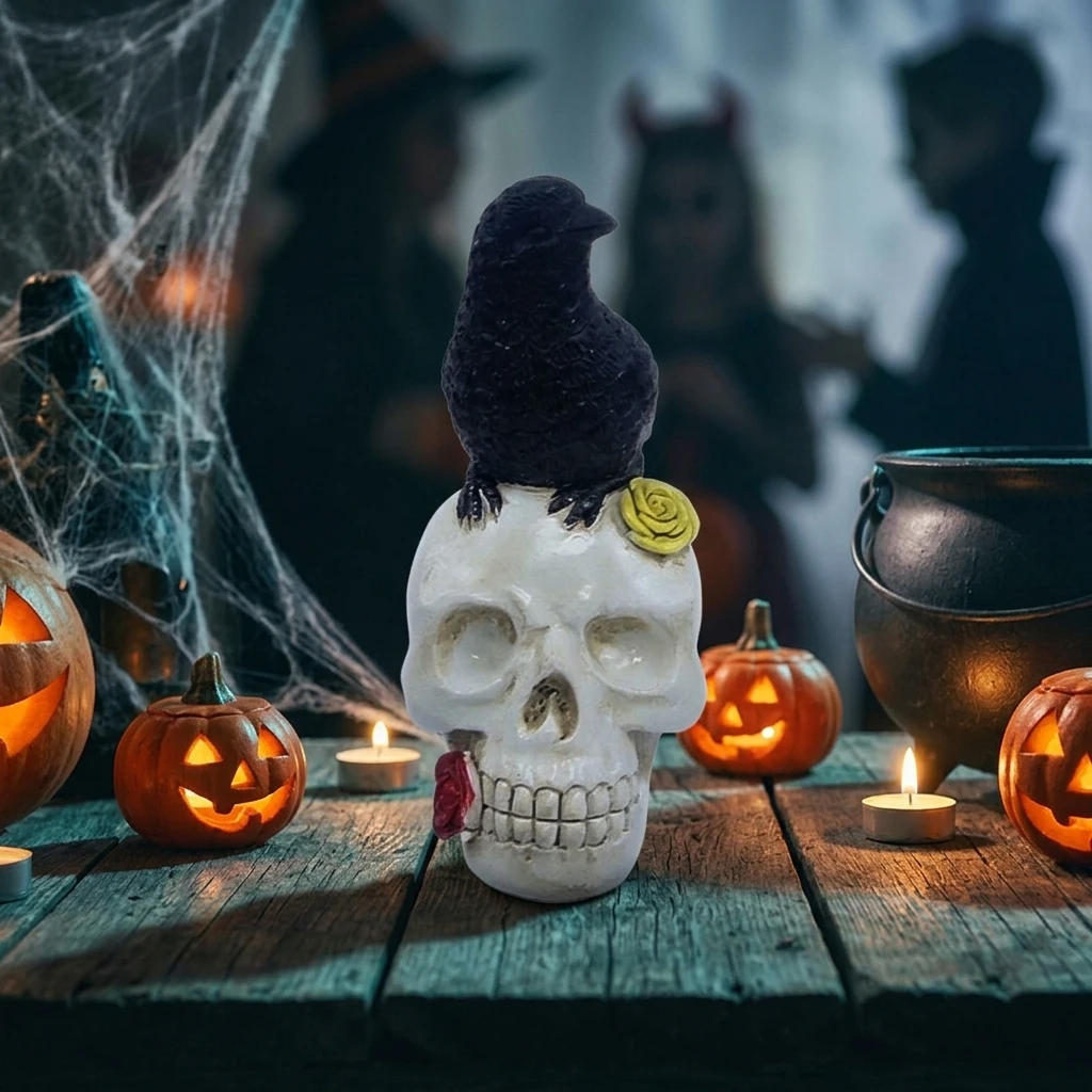 Halloween Resin Ghost Head Raven Water Ghost Statue Ornament Horror Theme Decor For Indoor Outdoor Party Tabletop Yard Display