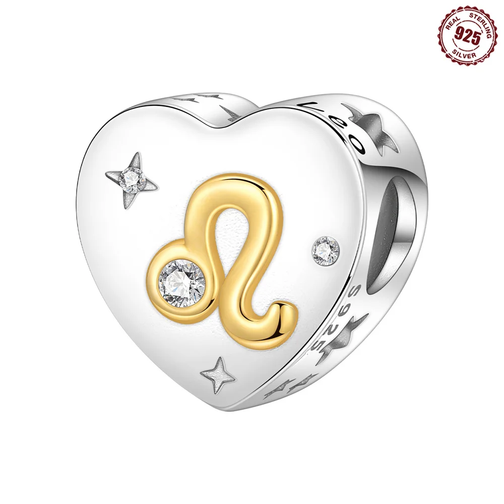 925 Sterling Silver Heart Shaped Cancer Zodiac Charm Two-Tone Gold Plated Cancer Sign beads Fit DIY Charm Bracelets Jewelry Gift