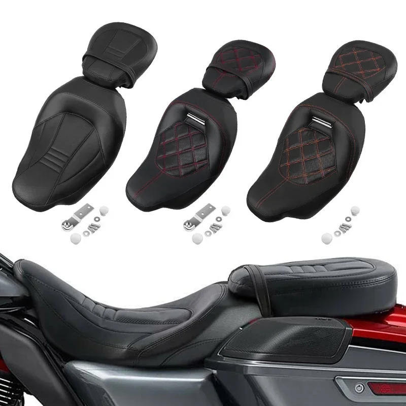

2-Up Motorcycle Driver Passenger Low Profile PU Leather Seat For Harley Touring Street Glide Road King Electra Glide 2008-2023