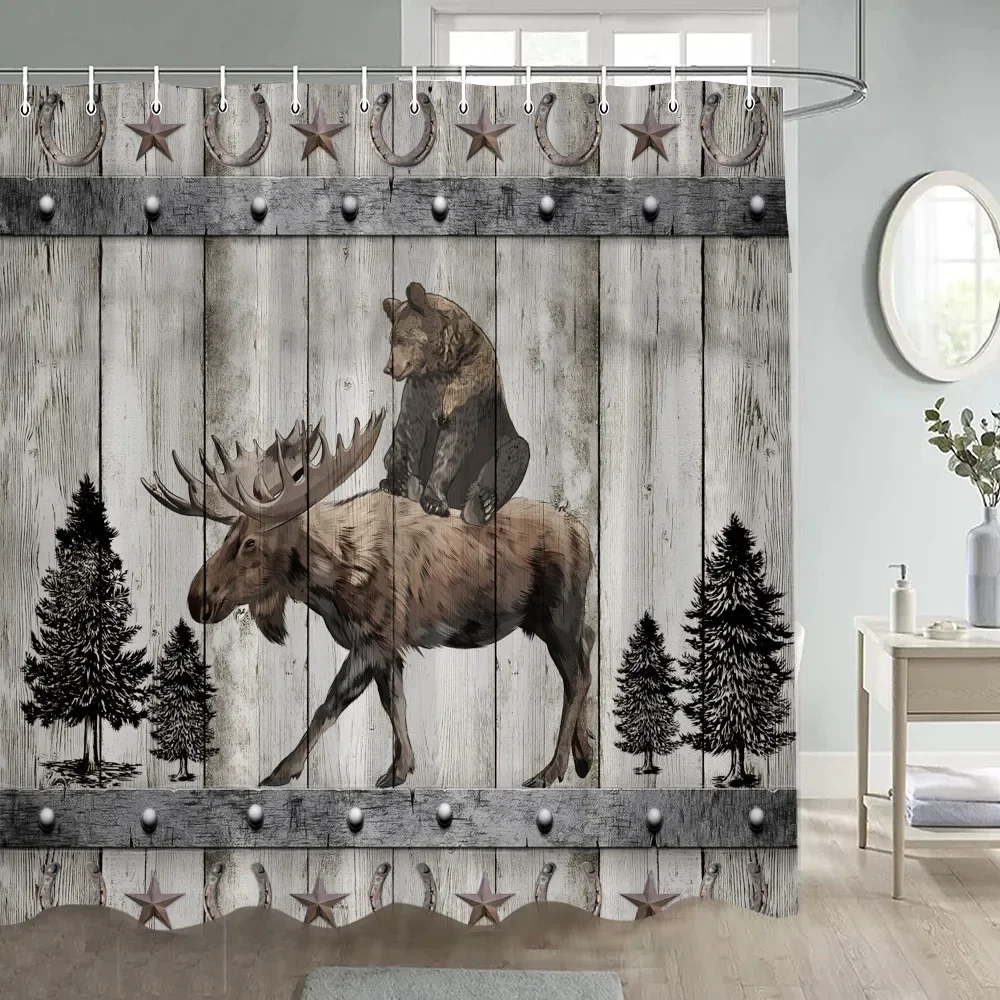 Rustic Farm Shower Curtain Brown Bear Reindeer Texas Star Grey Wood Board Bath Curtain Polyester Cloth Bathroom Decor with Hooks