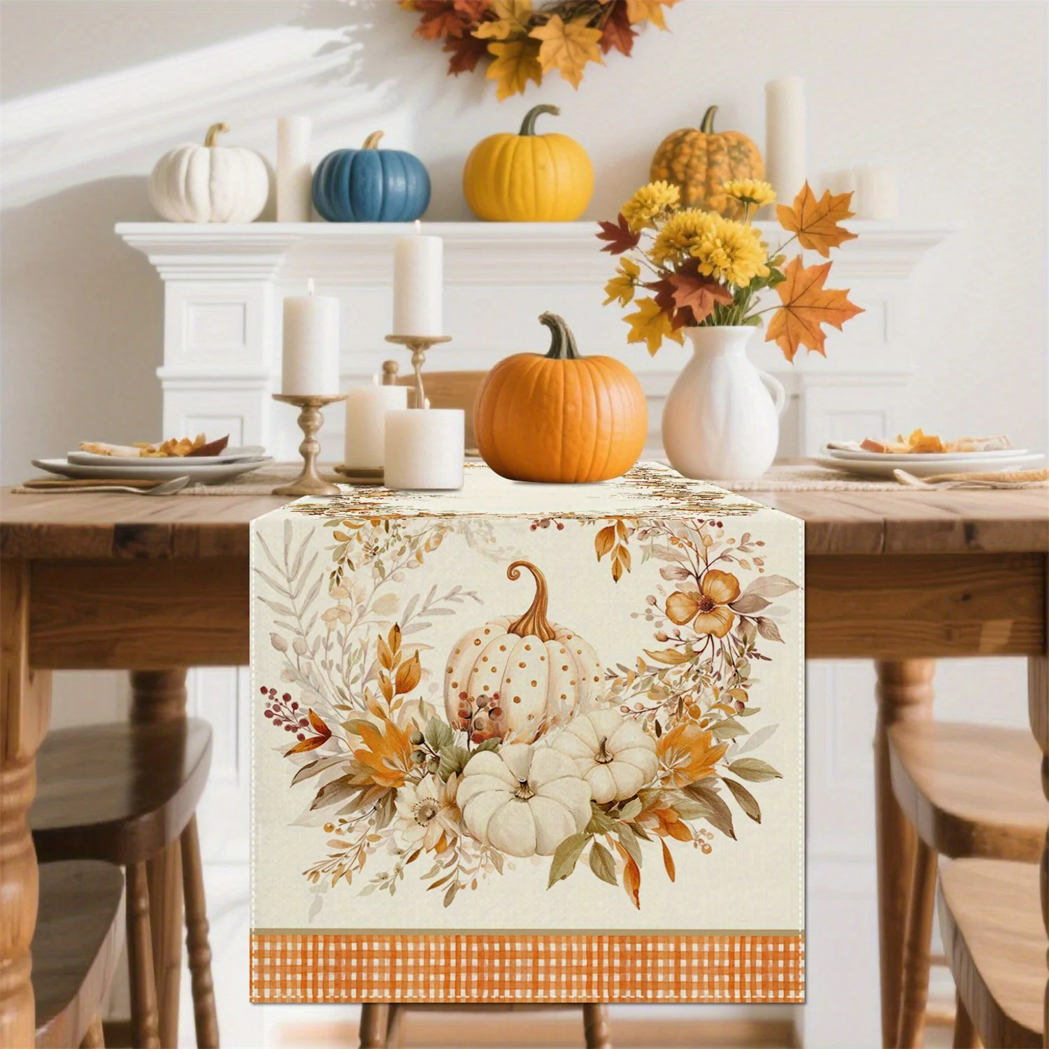 A Single Pumpkin Flower Garland Table Runner for Autumn, Perfect for Rustic Home Gatherings And Decorations.