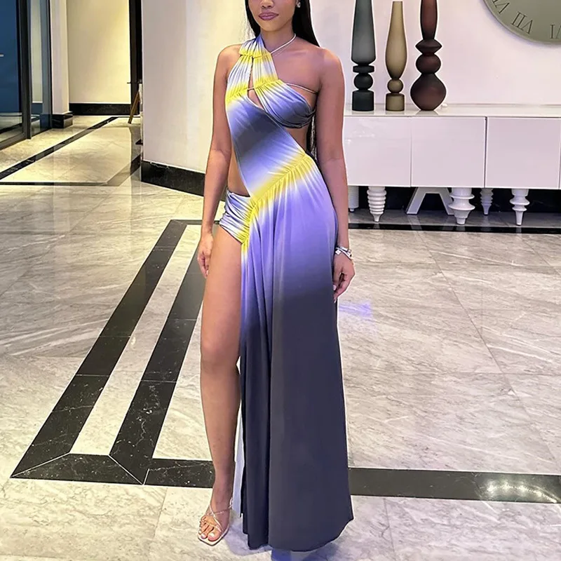 Fashionable Gradient Printed Dress Sexy One Shoulder Hollow Out Party Gown Personalized Split Chest Sleeveless Evening Robes