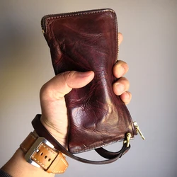 AETOO  Vertical zipper leather purse men's head layer cowhide thin style retro casual do old fold youth long style clutch bag