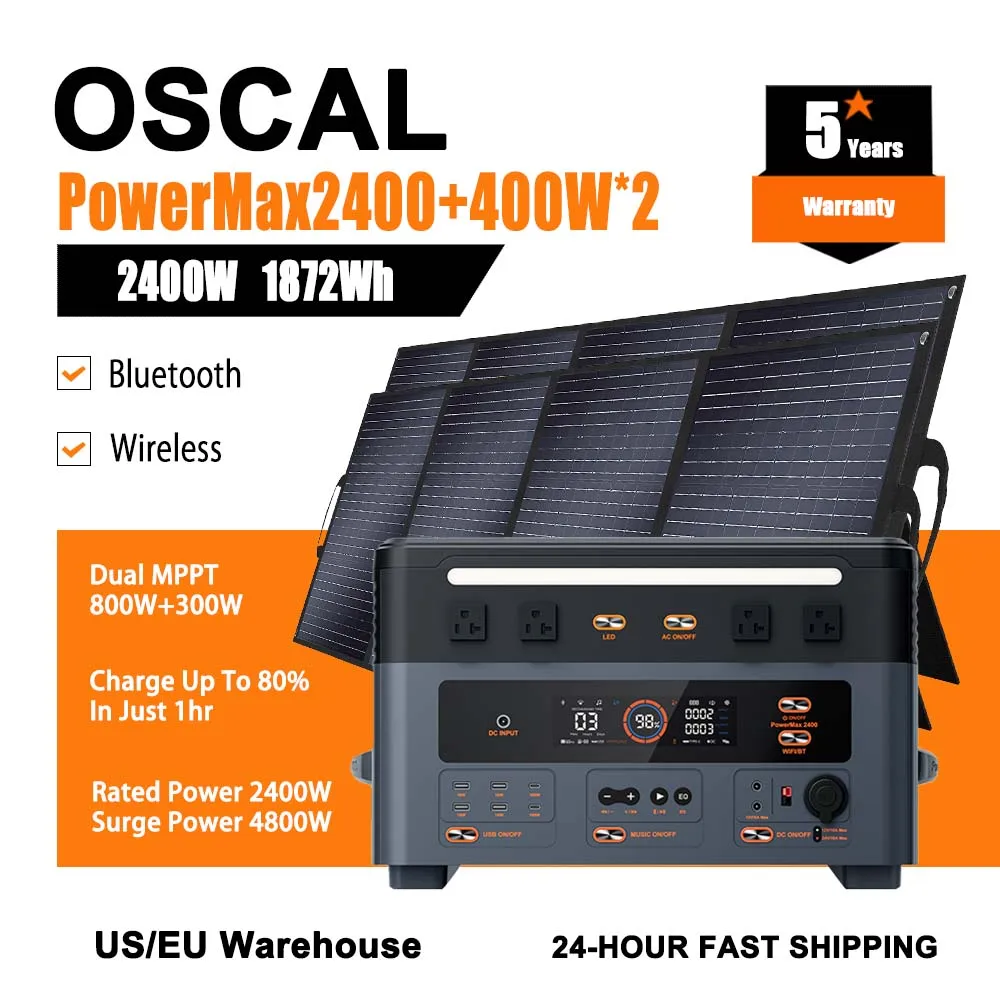

OSCAL Power Station 2400W Supplies 1872Wh Capacity Bluetooth Connection Control Music etc.With 2PCS 400W Solar Panel For Outdoor