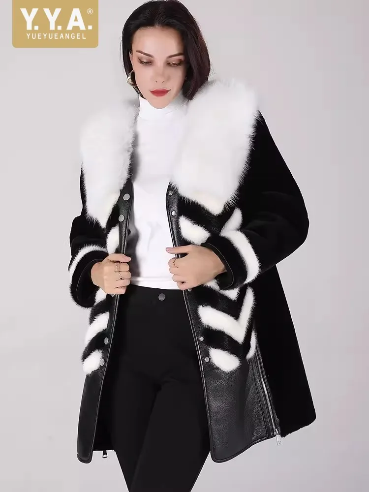 Luxury Winter Women Mid Long Thick Warm Wool Patchwork Fox Fur Jacket Elegant Lady Fur Collar Overcoat Straight Lambswool Coat