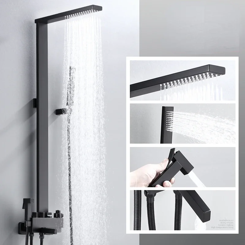 Black Integrated Shower Set Hotel Household Black Square Shower System Constant Temperature Brass Rain Shower Booster Faucet