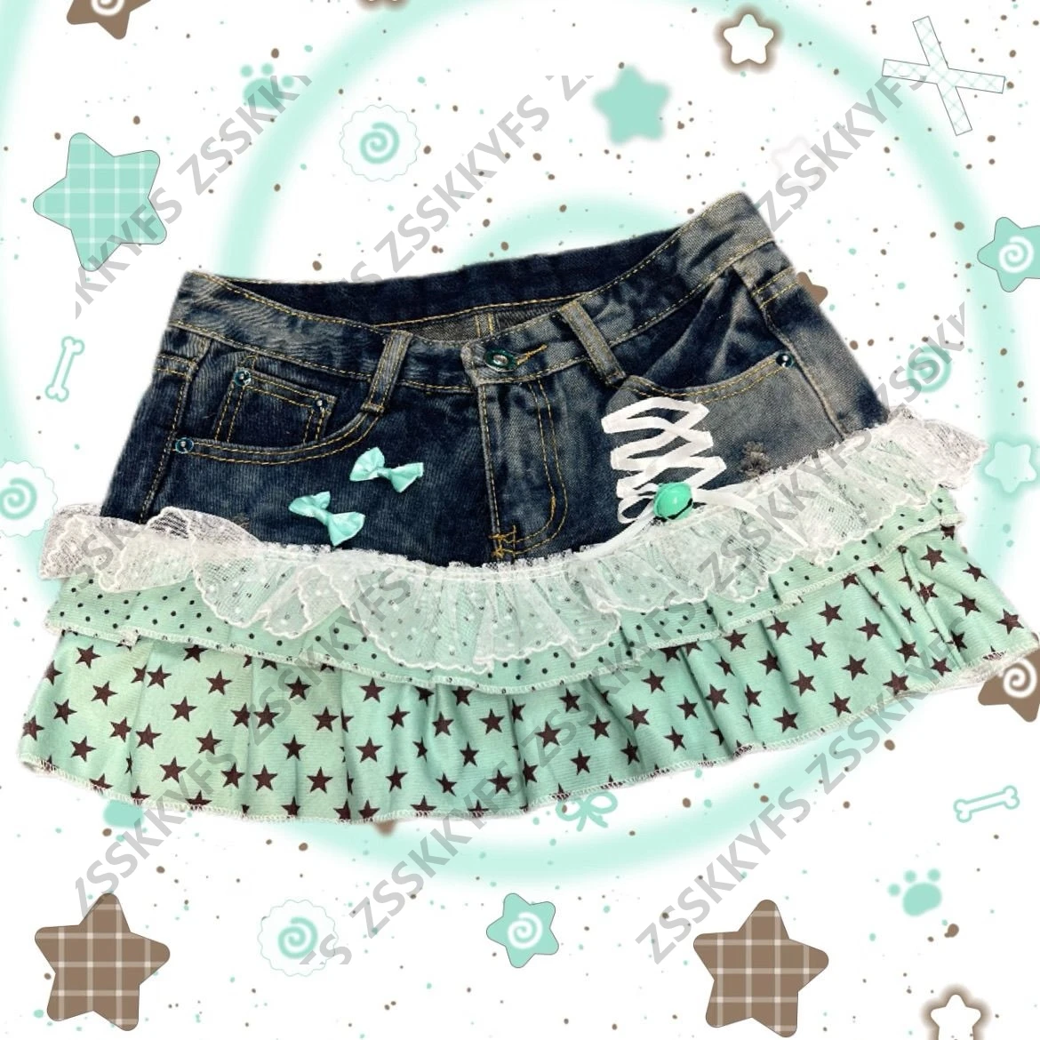 2000s Star Y2k Lace Print Cuteore Mini Skirt Fashion Polka Dot Vintage Woman Denim Skirt High Waist Harajuku Summer Clothing emo