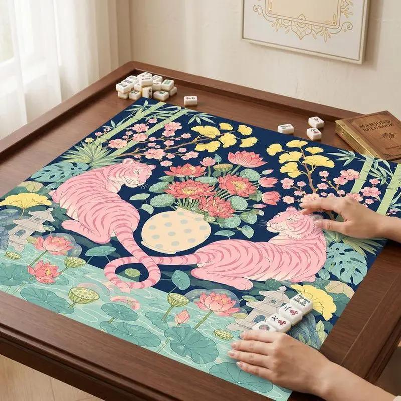 VIKAMA Chinese Pink Tiger Lotus Mahjong Mat Thick Soundproof Dual Use Mahjong Poker Desktop Game Table Pad Non Slip Noise