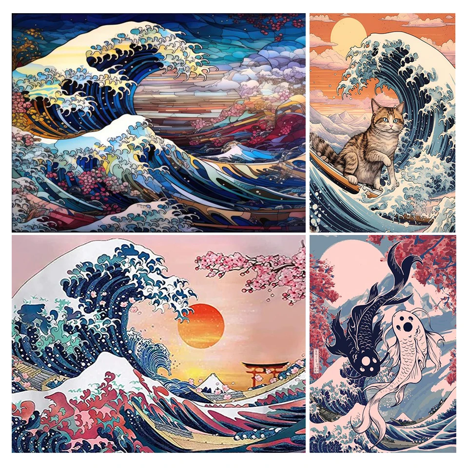 5D Starry Nights Embroidery Kanagawa Diamond Painting Great Wave with Landscape Labrador Cat Surfing Hands Of God Art Home Decor