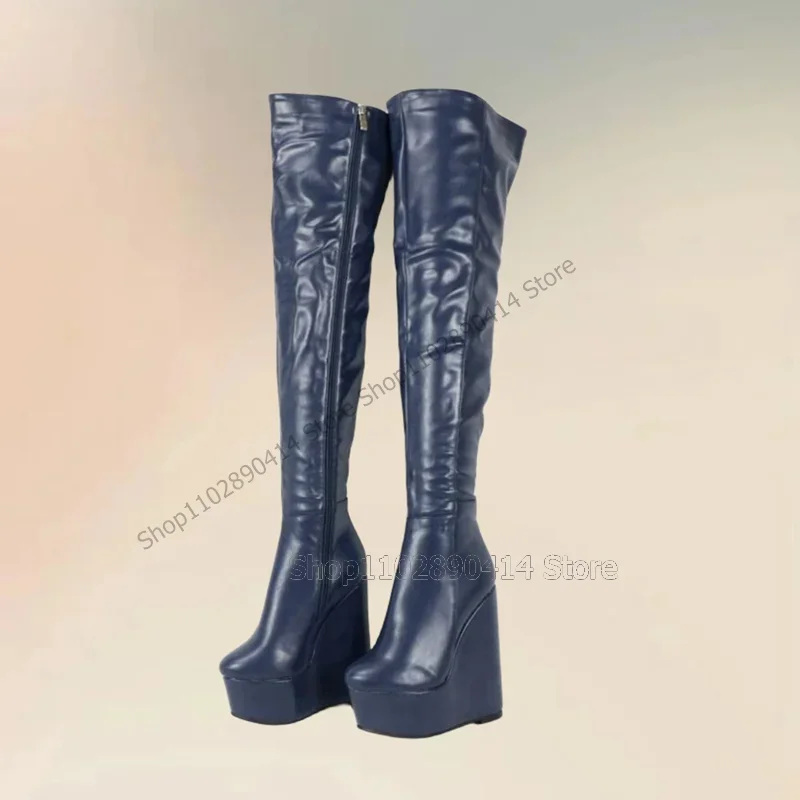 

Blue Black Wedges Heels Round Toe Platform Boots Side Zipper Women Shoes Fashion Party Banquet Runway 2023 Zapatos Para Mujere