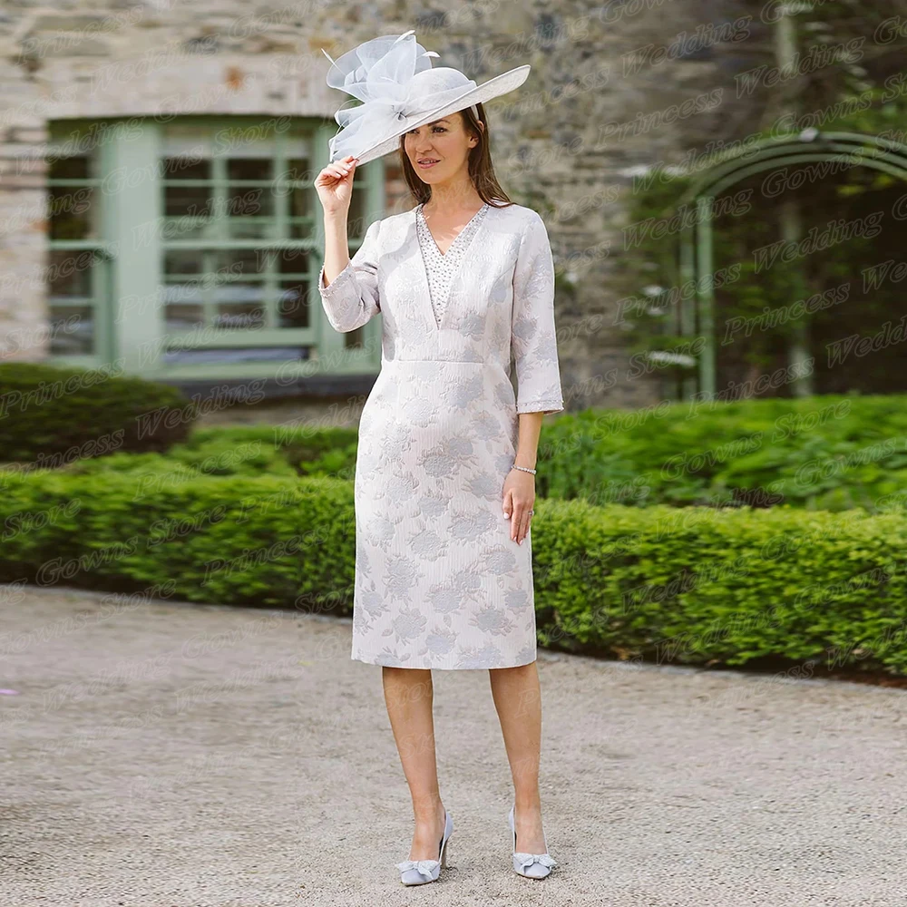 Vestido formal de festa de casamento para mulheres, manga longa, decote em v, estampa floral com contas de mão, comprimento do joelho, vestidos para mãe da noiva