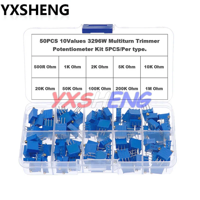 50PCS 3296W Multiturn Trimmer Potentiometer Kit 500R 1K 2K 5K 10K 20K 50K 100K 200K 1M 3296 High Precision Variable Resistor Set