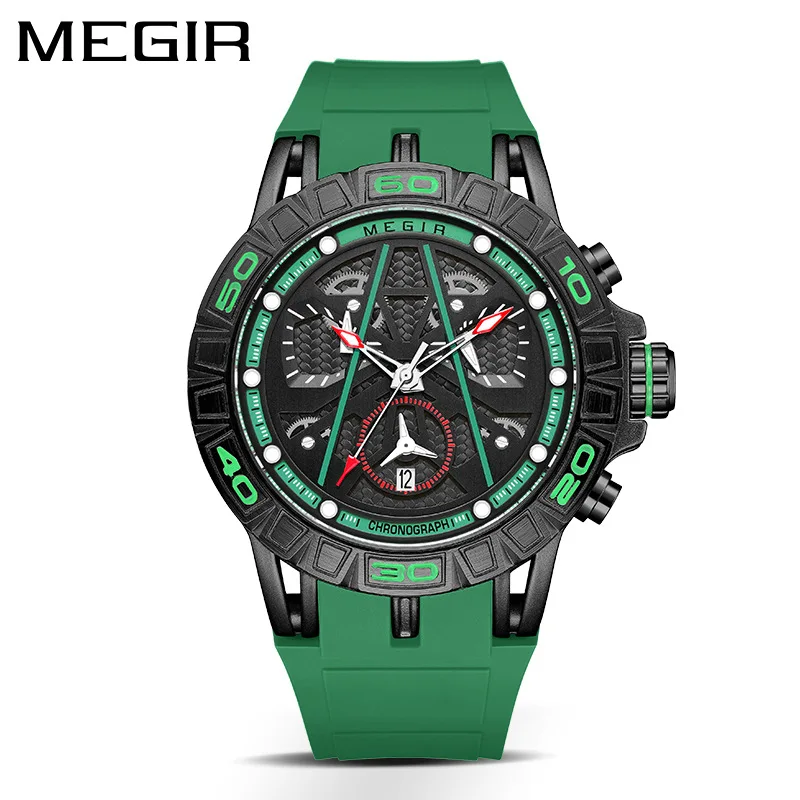 MEGIR 8110 Men Quartz Watch Luxury Creative Outdoors Calendar Chronograph Waterproof Analog Display Silicone Strap Male Watches