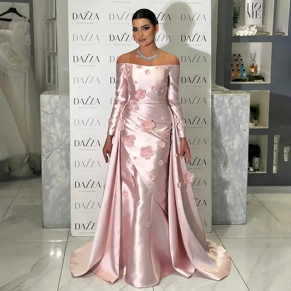 

Elegant Long Sleeves Evening Dresses Off Shoulder Pink Wedding Party Gowns for Women with 3D Flowers Overskirt Customized