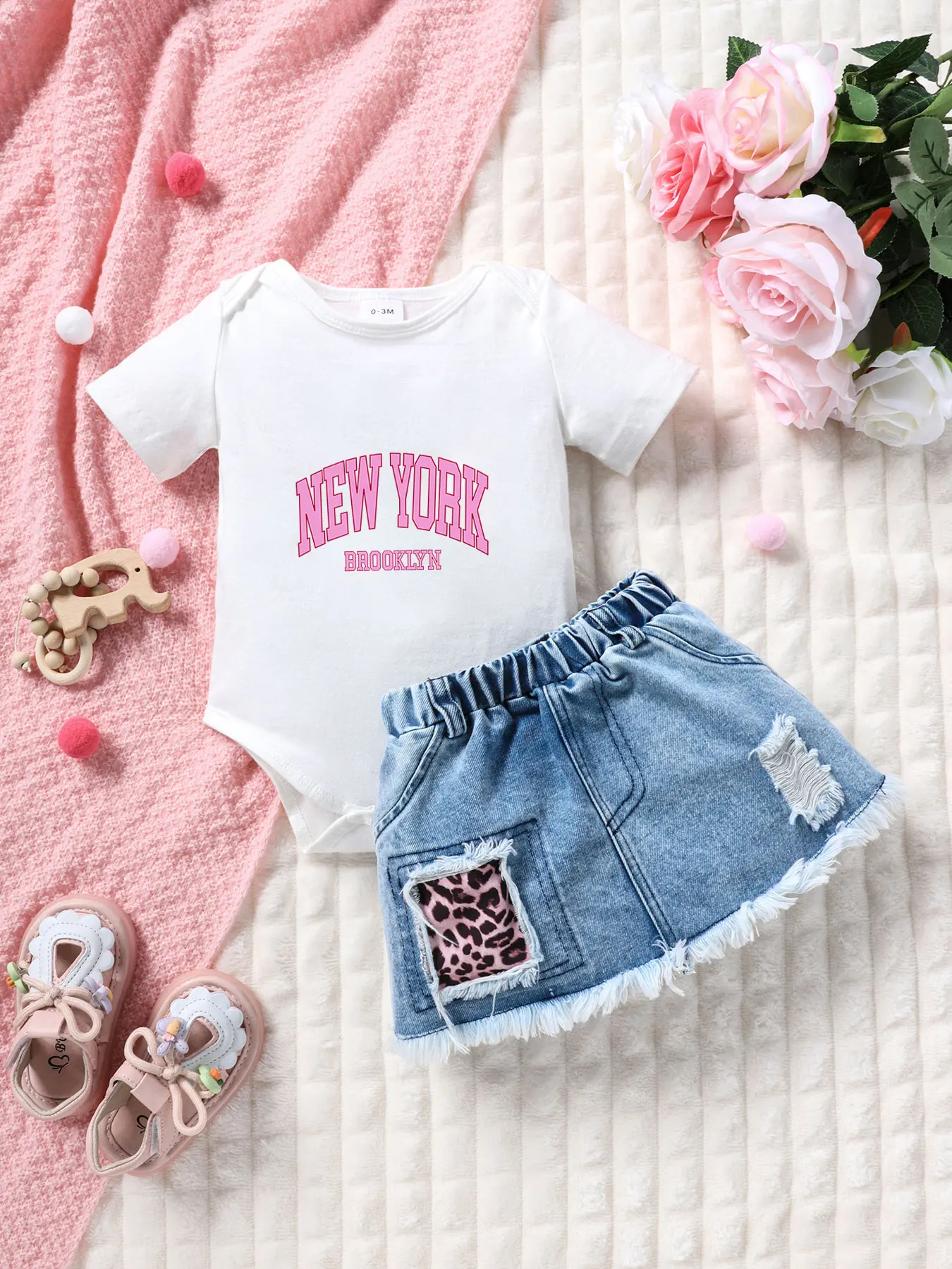 Girls Summer New York Brooklyn Letter Print Short Sleeve Romper + Leopard Print Denim Skirt Two-Piece Set Baby Outfit