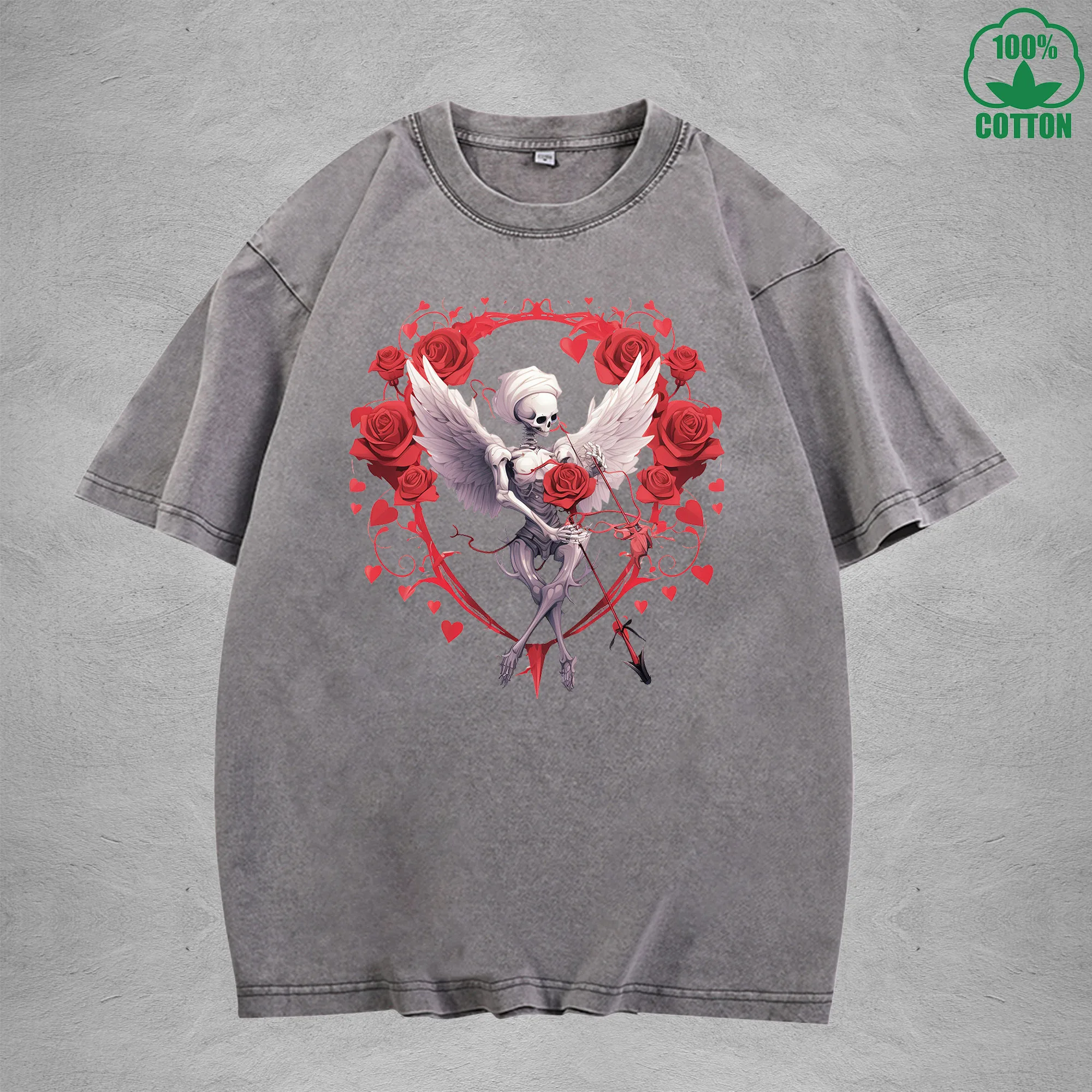 Rose Skeleton Printed Washed T-Shirt 230G Multicolor Minimalist Loose Trendy Fashionable Cotton Short Sleeve Top