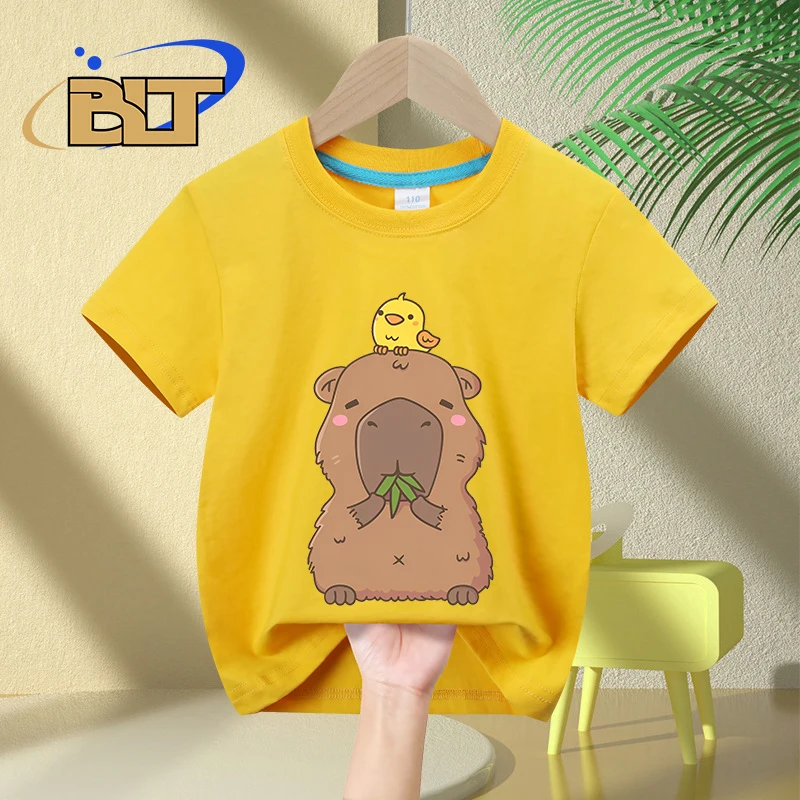 Süße Capybara mit gelben Vogel Gekritzel Cartoon Print Kinder T-Shirt Sommer Kinder Baumwolle kurz ärmel ige Jungen und Mädchen geeignet