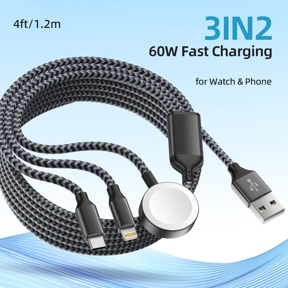 

1.2m/4ft Magnetic Triple Watch Charger, Lightning/Type-C/Magnetic Watch Charger, for iPhone/iPad/Android/iWatch, USB-A/USB-C