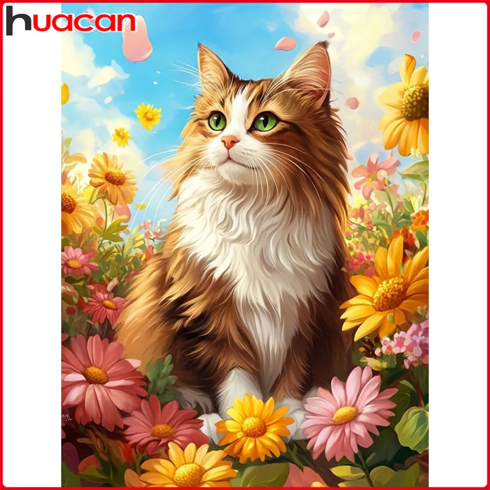 Huacan Diamantgemälde, Katze, Sonnenblume, Diamantmosaik, Tierblume, neue Kollektion 2025, dekorative Gemälde