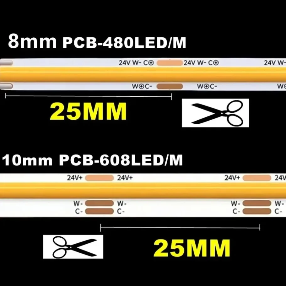 24 فولت عكس الضوء 3 لون CCT COB LED قطاع ضوء 8 مللي متر 10 مللي متر عرض 2700 كيلو إلى 6500 كيلو تغيير لون LED الشريط الخطي مزدوج اللون RA90