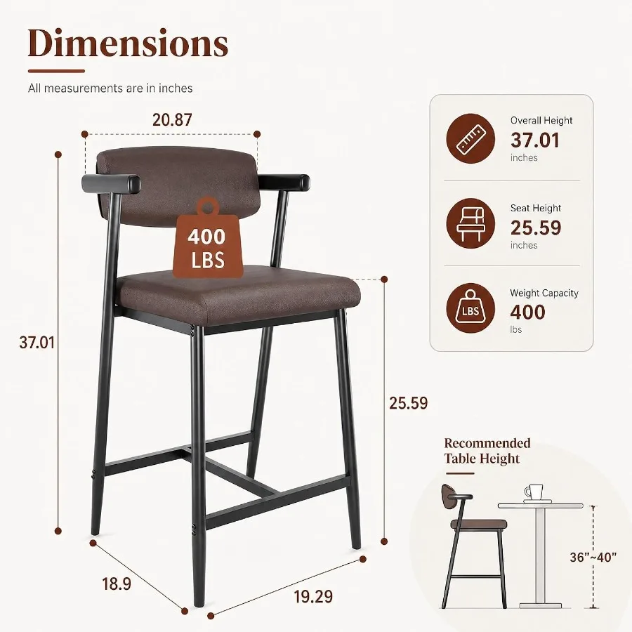 Bar Stools Set of 6 for Kitchen Island High Table: Rustic Brown Metal Tall Barstools with Arms, Long Back, Soft Wider Seat, Foo