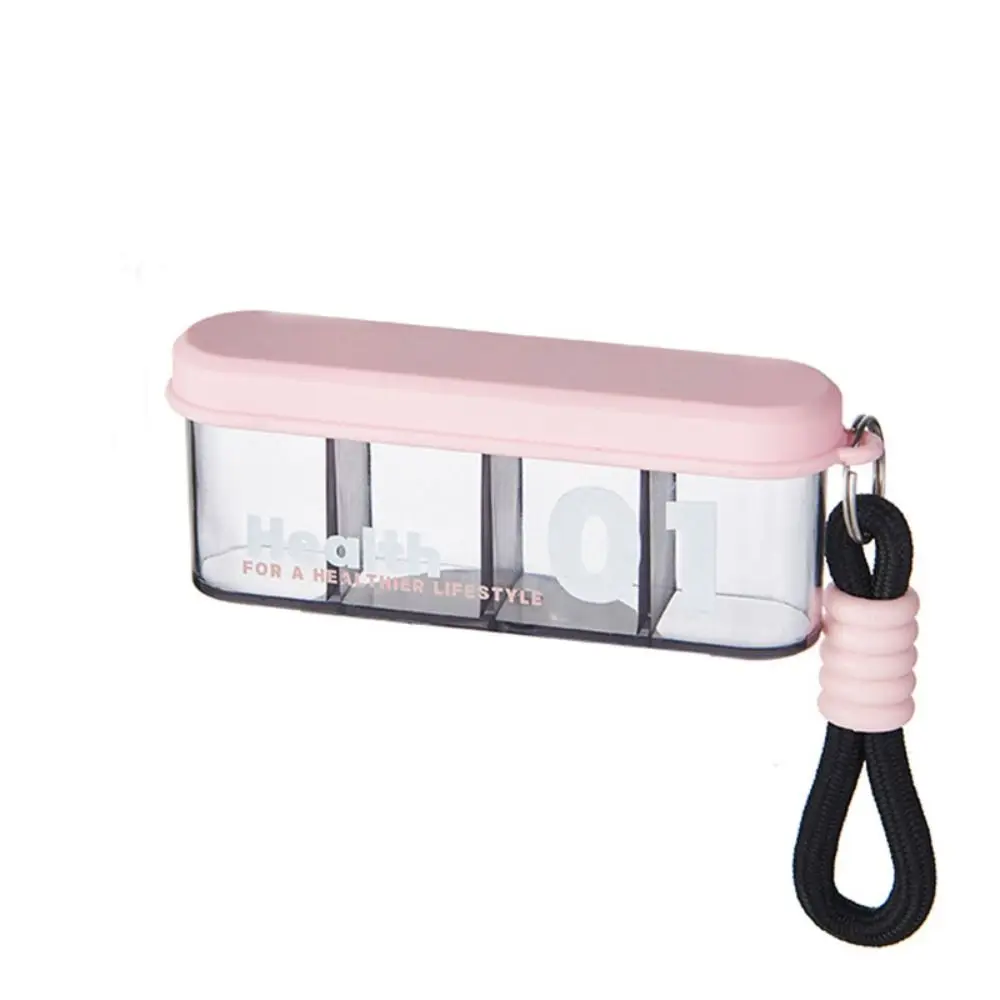 Portable Long strip 4Grid Pill Case Pocket Stylish Moistureproof Pill Box with Lid Lanyard Medicine Vitamin Holder Home