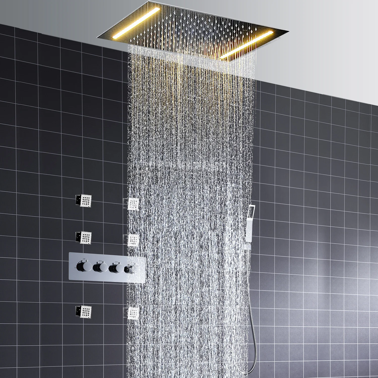 304 Stainless Steel Thermostatic LED Showerhead Faucet Rain Spray Multifunctional Massage Bathroom Set