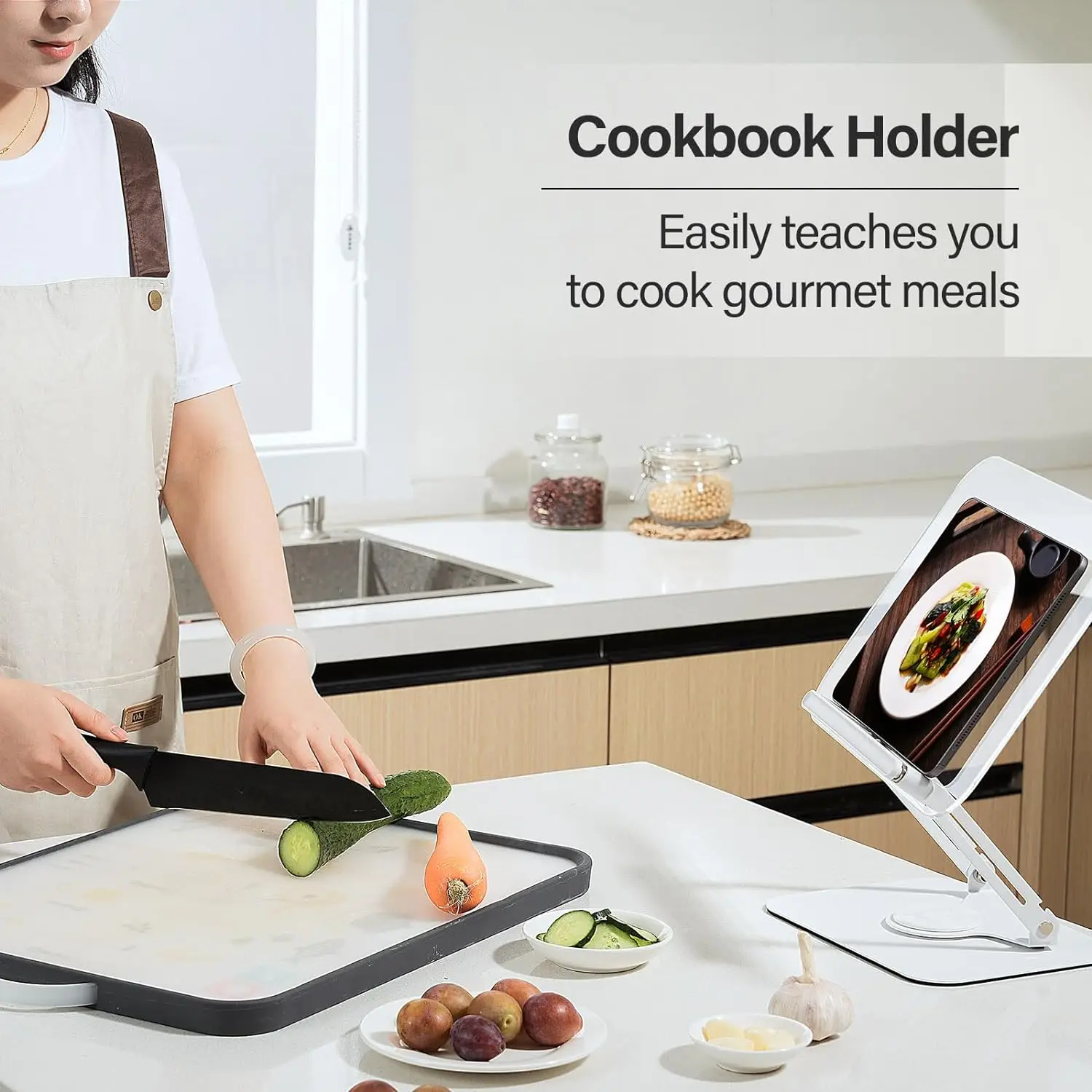 Acrylic Reading Book Stand Adjustable Foldable Desktop Riser Stand for Cookbook, Laptop, Tablet, 360° Rotating and Page Clips