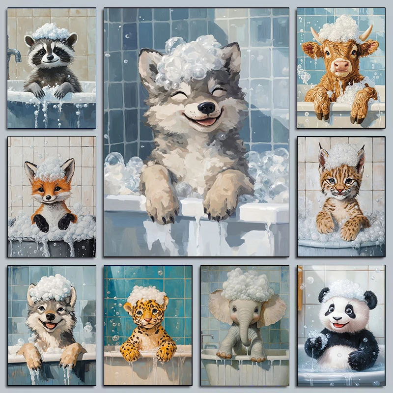 （2D Canvas painting） Cute Animals Taking A Bath Serie Humorous and Interesting Poster Print Canvas Art Pictures Home for Bath